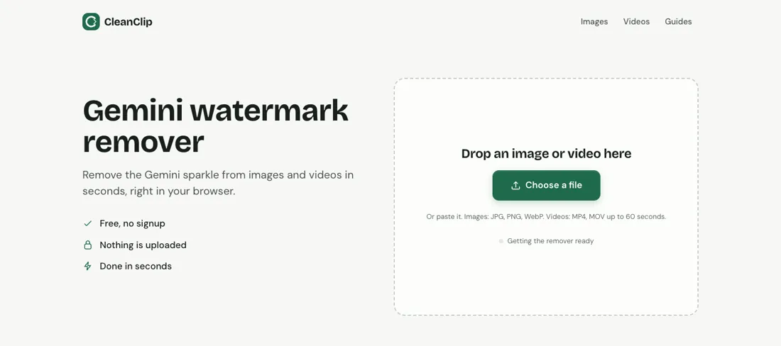 CleanClip, the Gemini watermark remover, open in a browser
